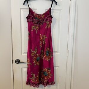 Bebe fuchsia satin cow neck, slip Floral Dress
Size L